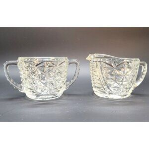 Vintage Clear Glass Cream & Sugar Set Anchor Hocking Starburst Pattern DD06